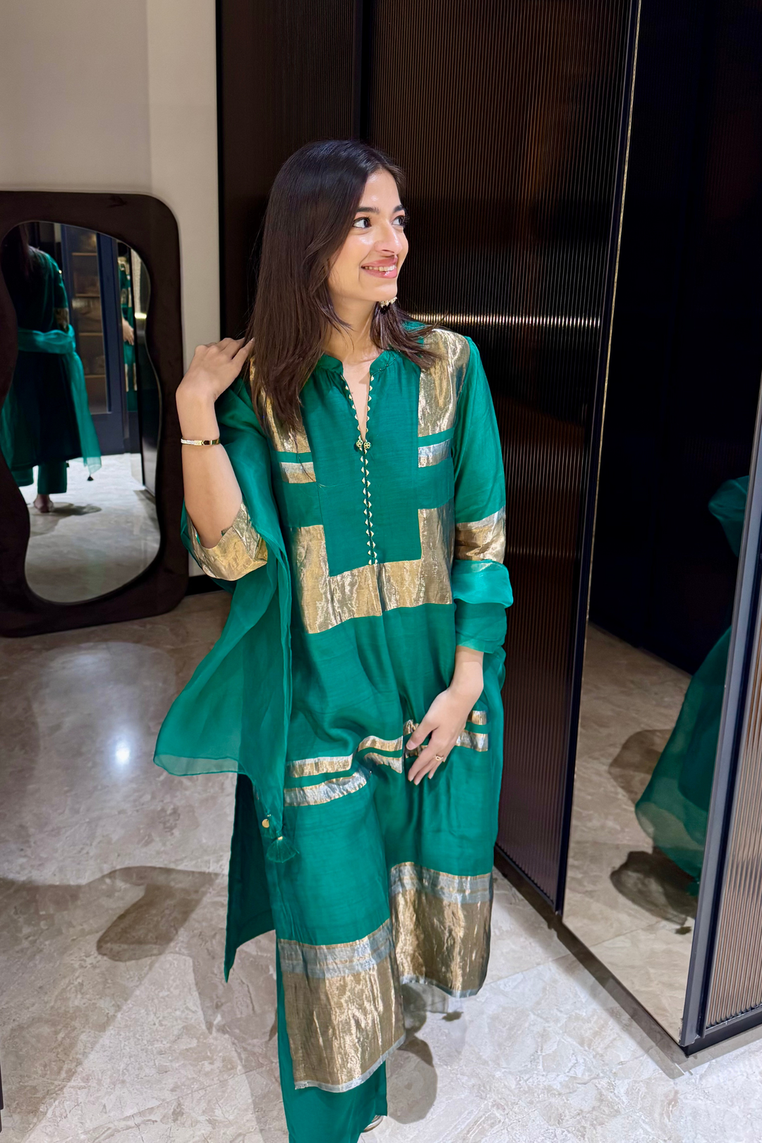 Mira: Silk stripe tissue straight kurta set - Emerald Green