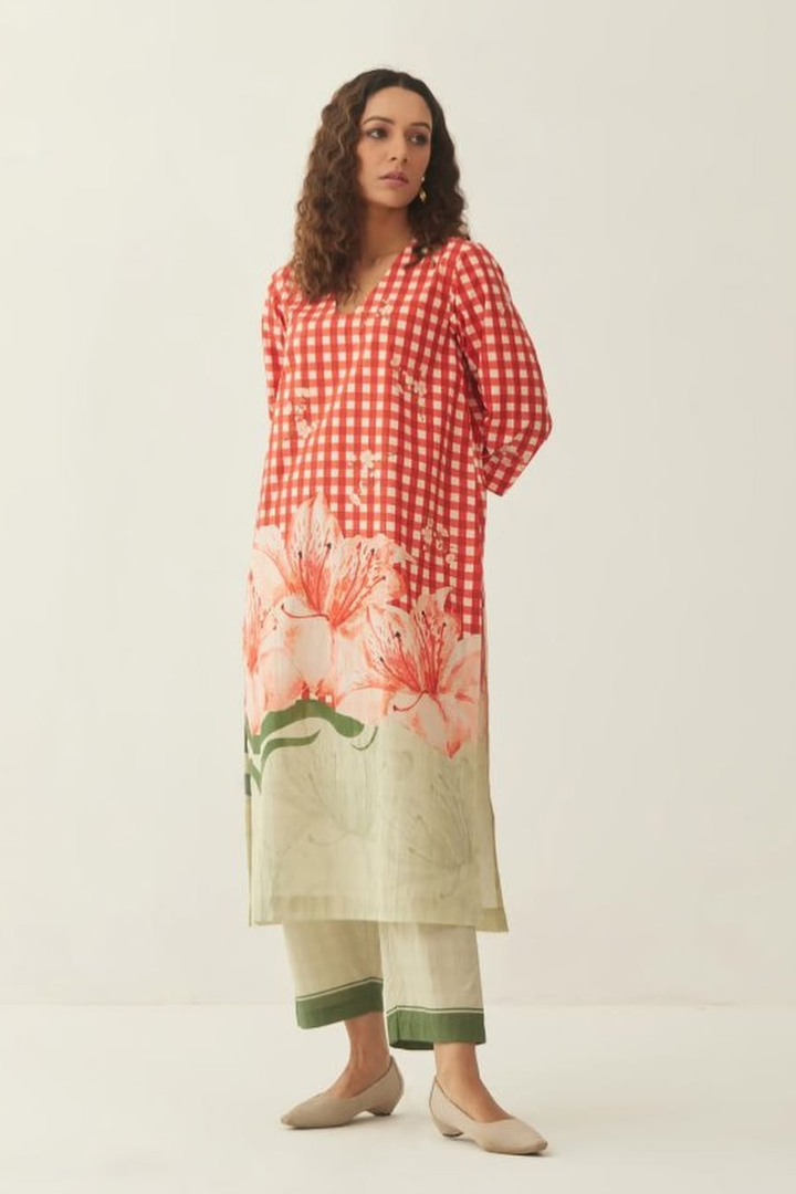 Red Cotton Gingham checks and floral mix co-ord set