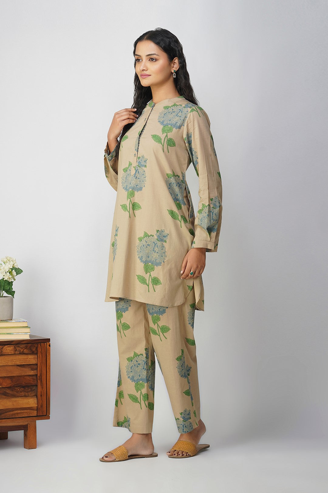 Blue Hydrangea Block Printed Tunic With Floral Pants