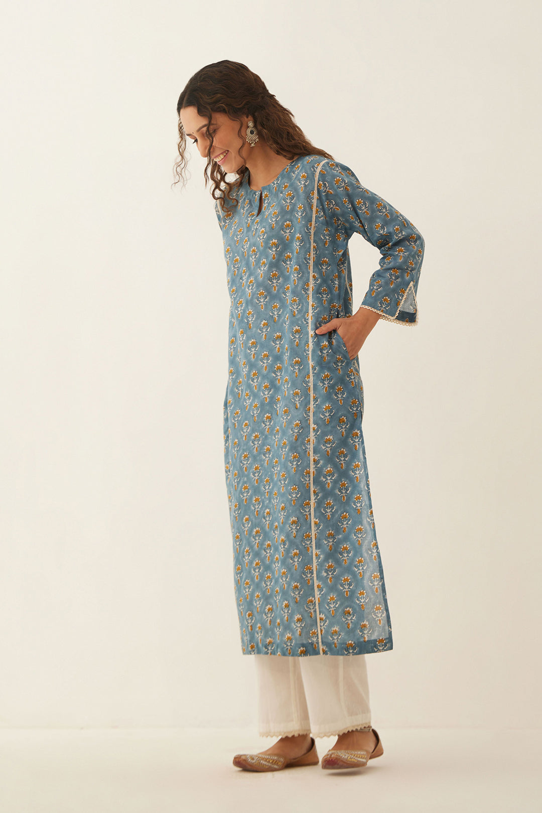 COBALT BLUE COTTON FLORAL KURTA WITH COTTON PANTS AND DUPATTA