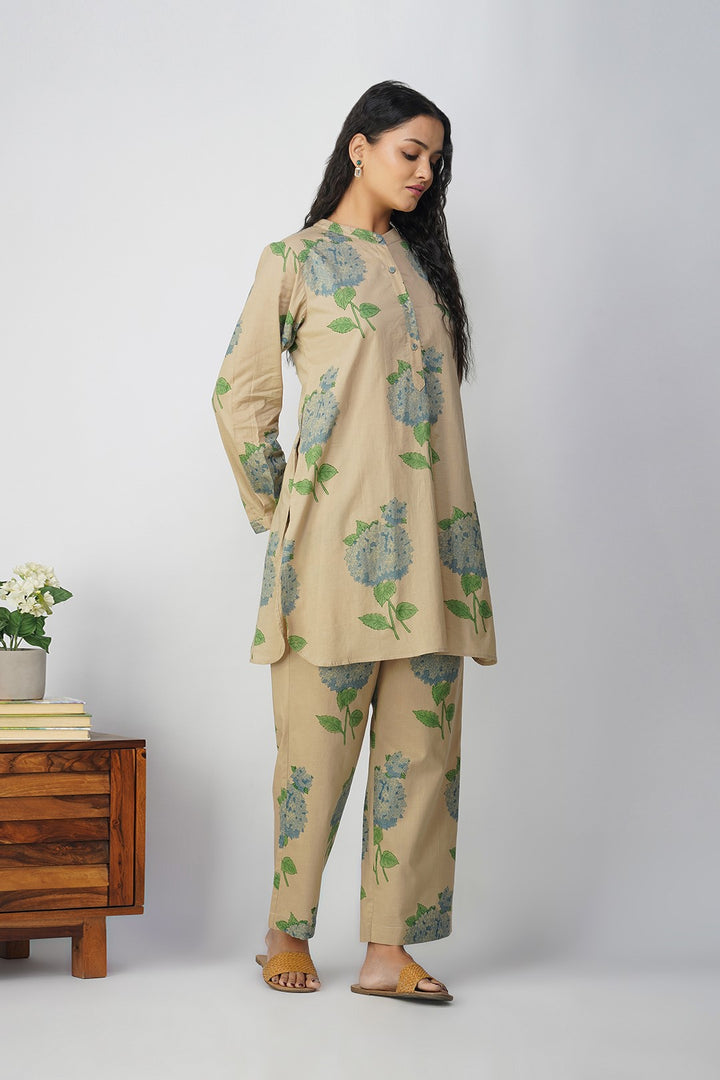 Blue Hydrangea Block Printed Tunic With Floral Pants