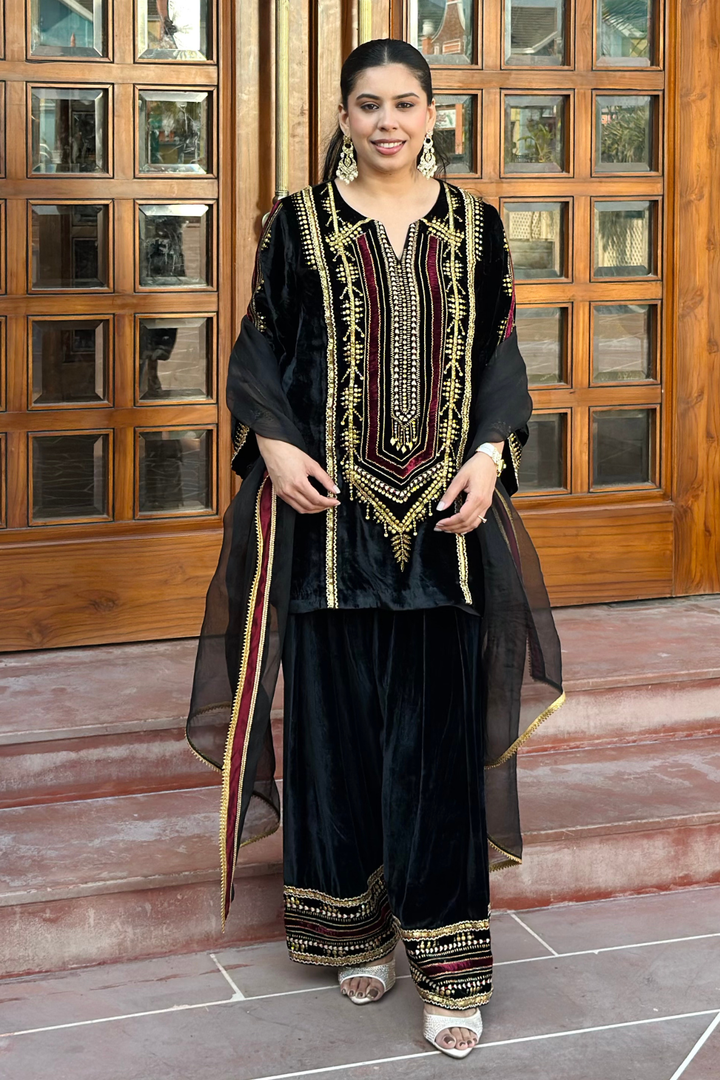 BLACK VELVET SHORT KURTA WITH FARSHI SALWAR SET