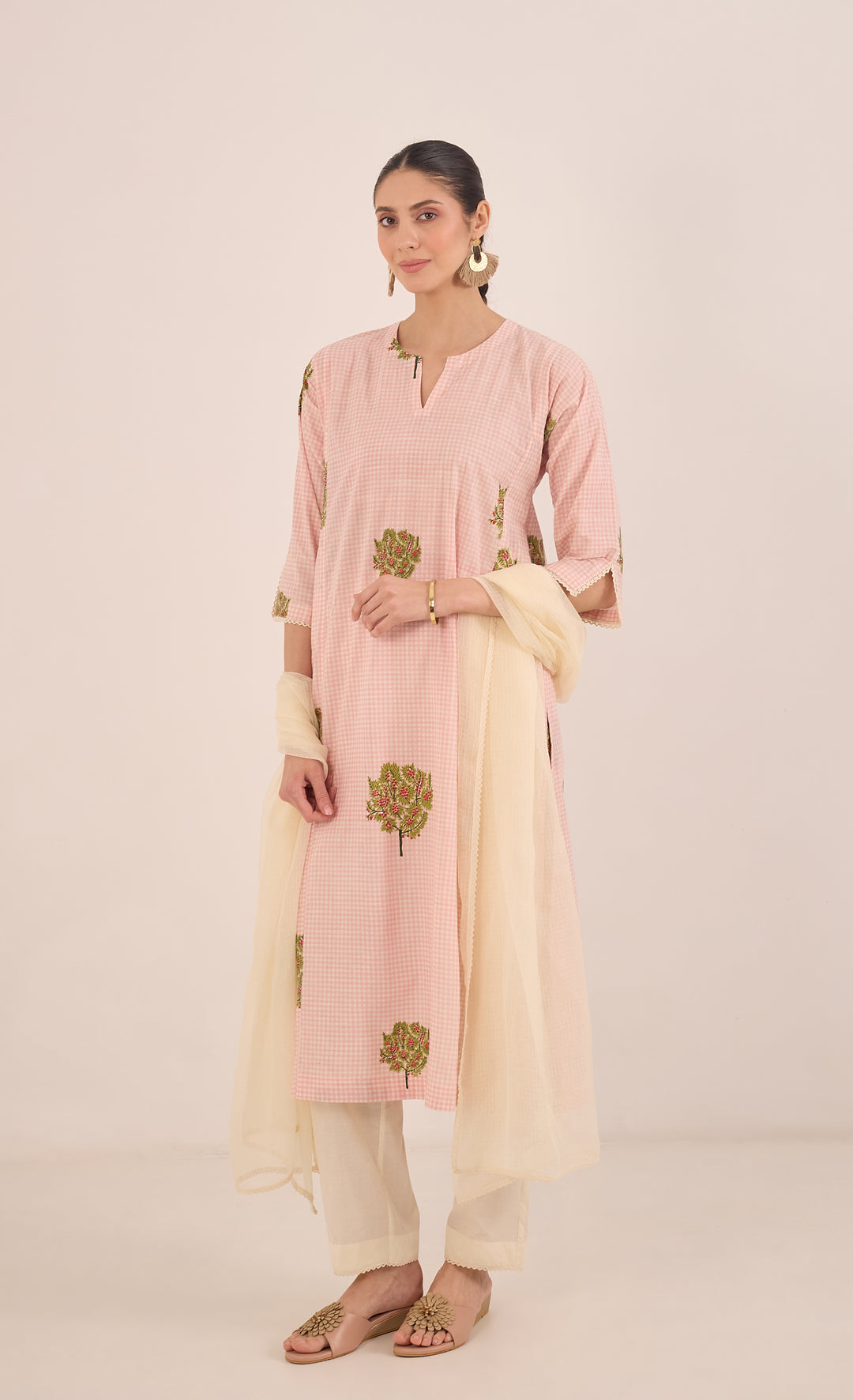 COTTON CHECK APPLE TREE KURTA SET - PINK