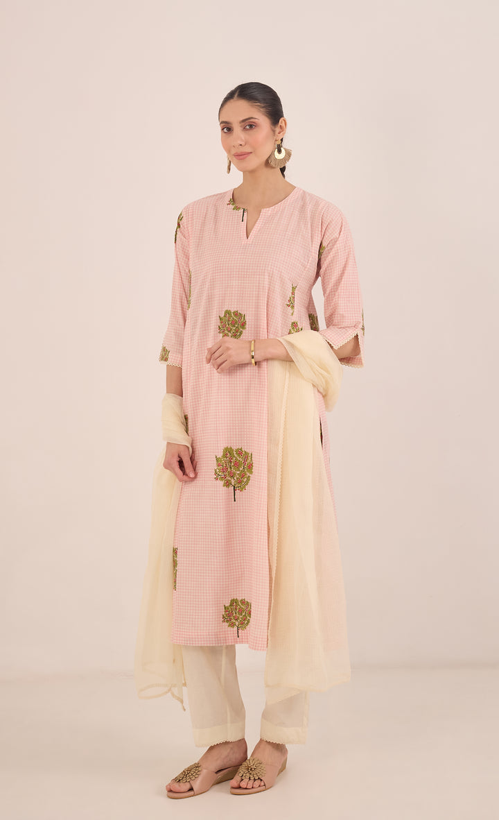 COTTON CHECK APPLE TREE KURTA SET - PINK