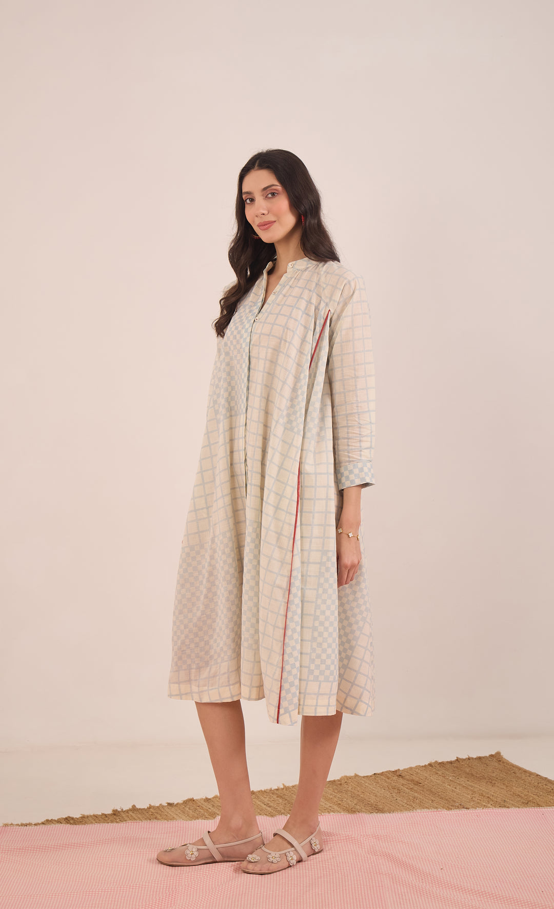 SHEEN: COTTON BLUE CHECK MIDI DRESS