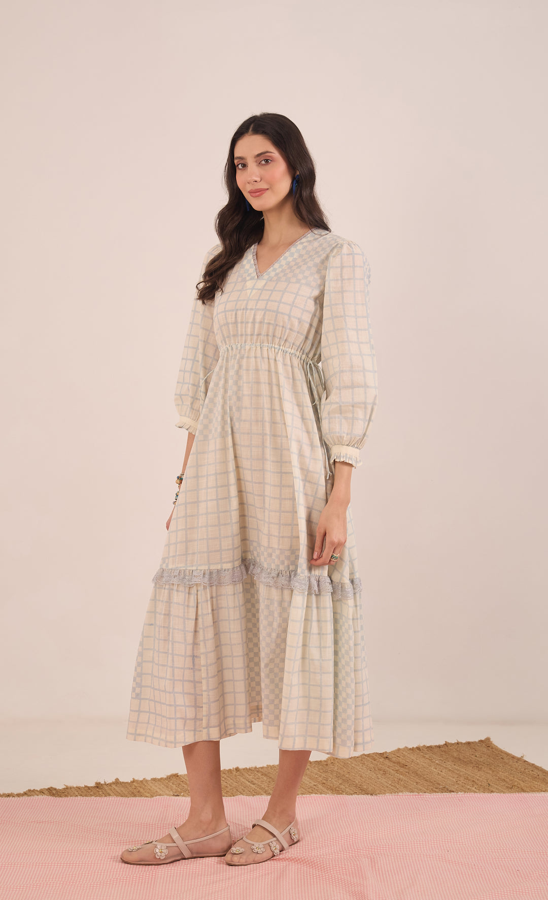 SHEEN: COTTON CHECK MIDI DRESS V-NECK