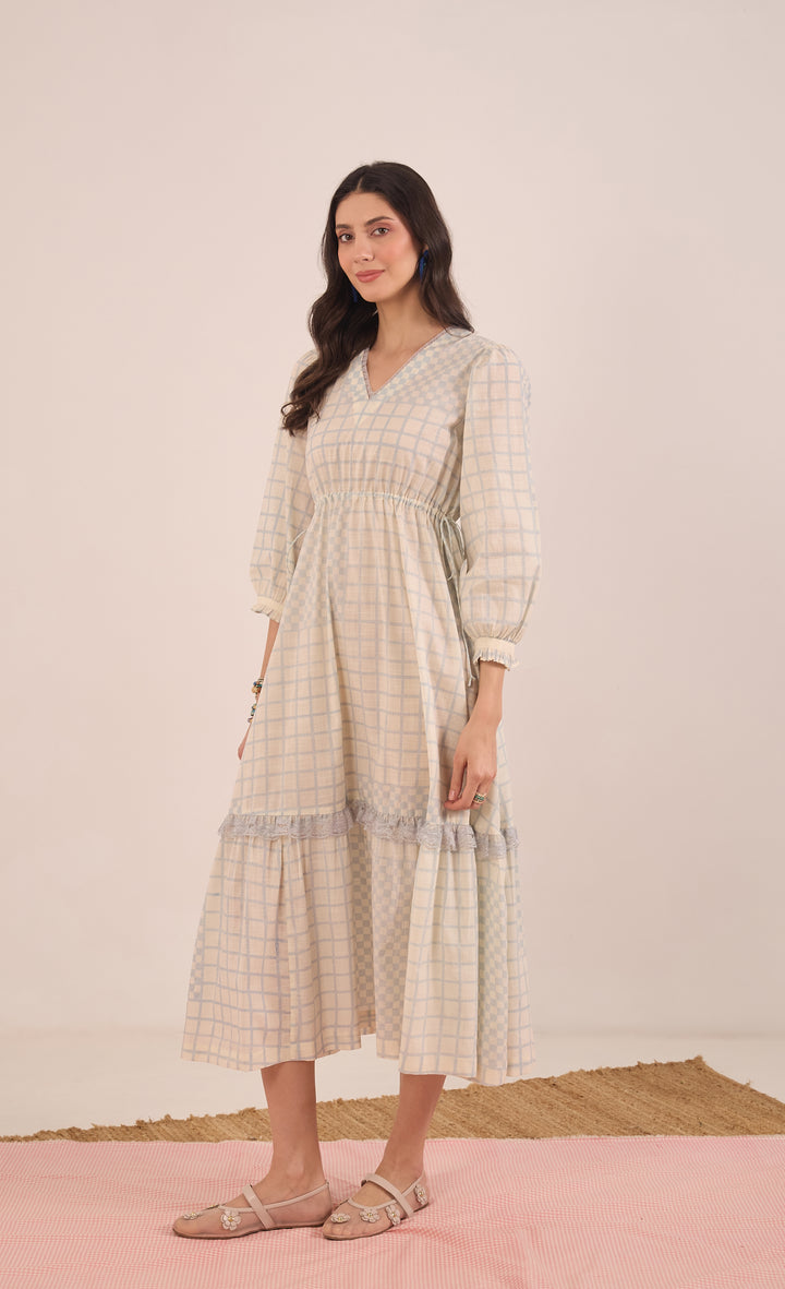 SHEEN: COTTON CHECK MIDI DRESS V-NECK