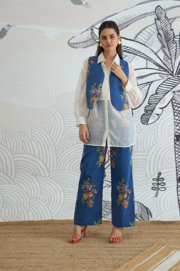 BLUE FLOWER WAISTCOAT JACKET WITH WHITE SHIRT AND BLUE FLOWER PANTS