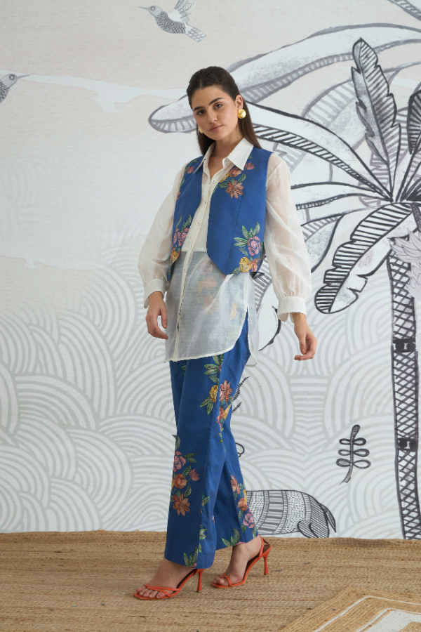 BLUE FLOWER WAISTCOAT JACKET WITH WHITE SHIRT AND BLUE FLOWER PANTS