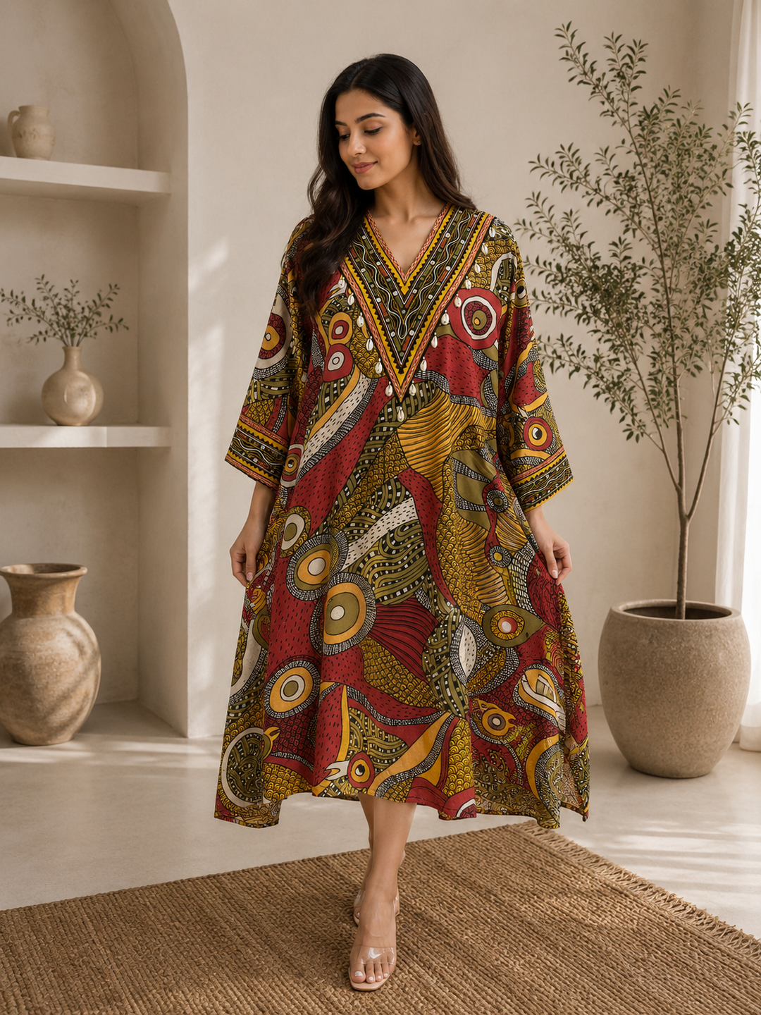 Boho Abstract Printed V neck Tunic set
