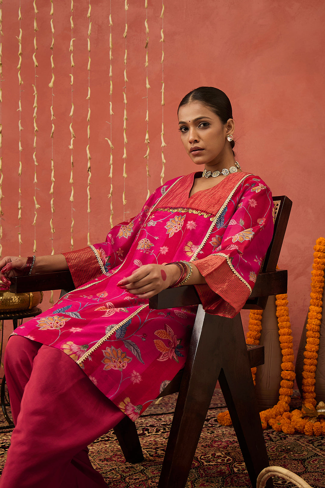 RATI-RED CHINTZ CHANDERI SHORT KURTA