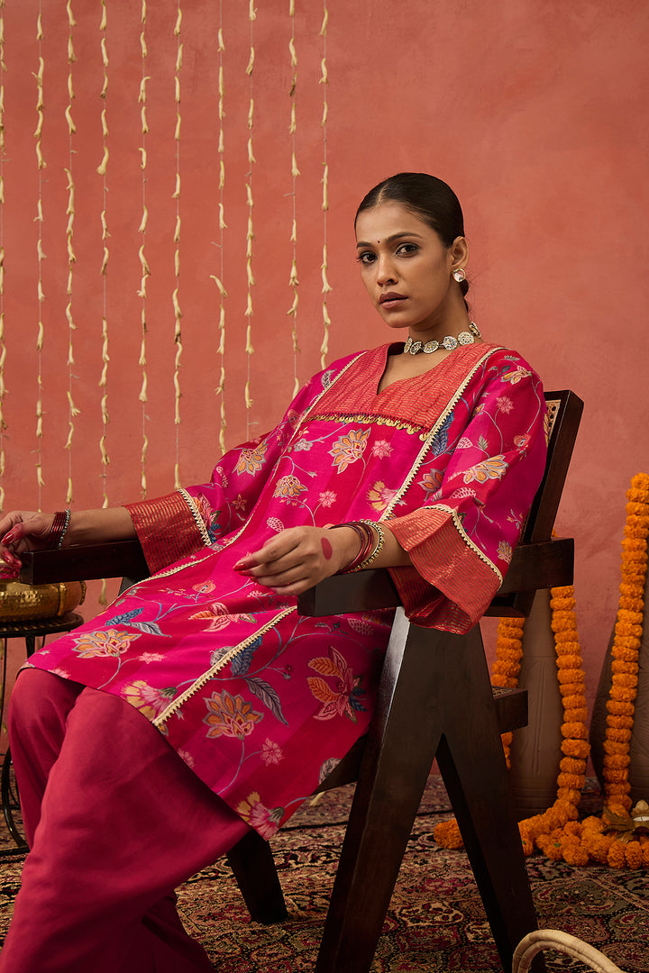 RATI-RED CHINTZ CHANDERI SHORT KURTA