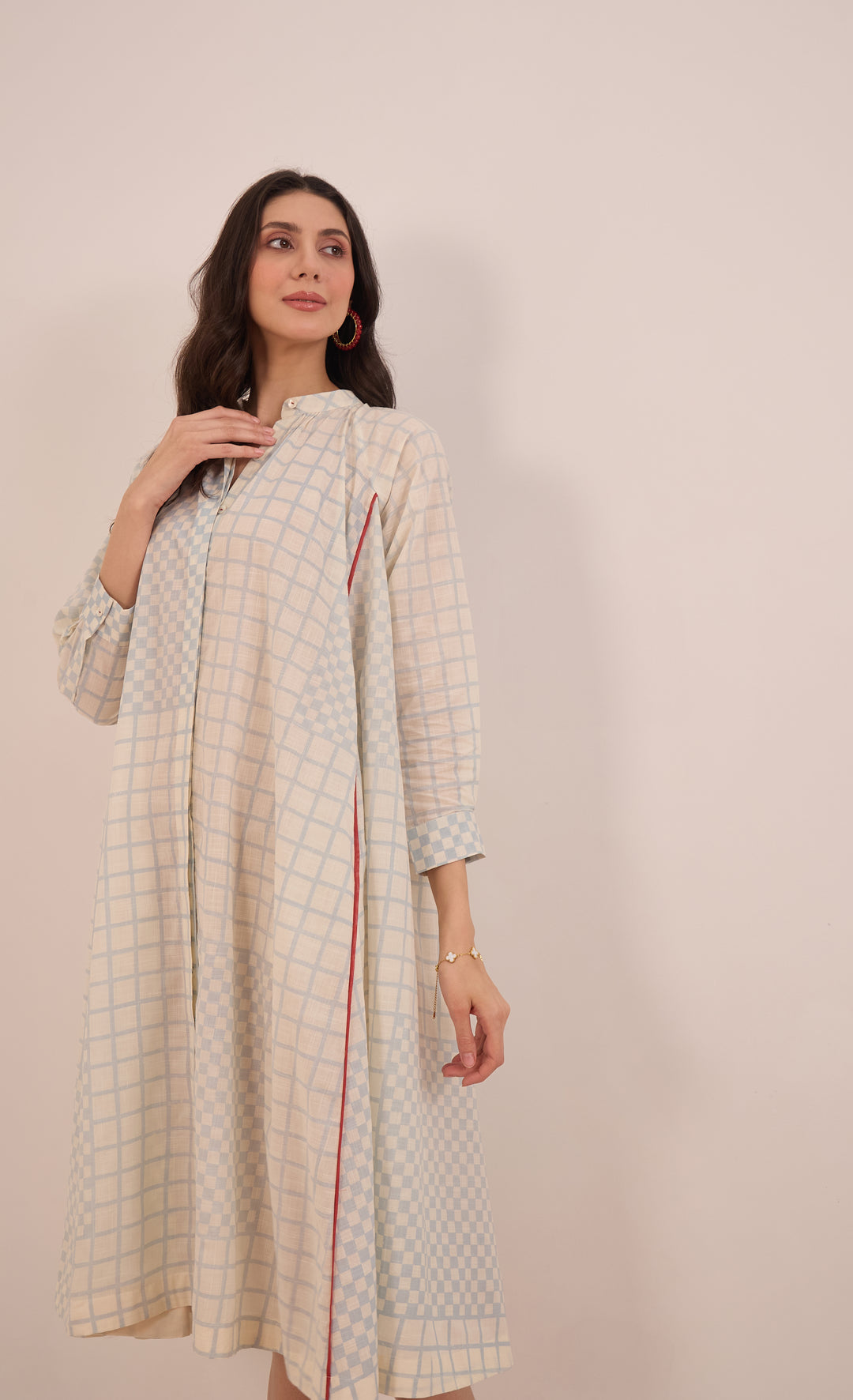 SHEEN: COTTON BLUE CHECK MIDI DRESS