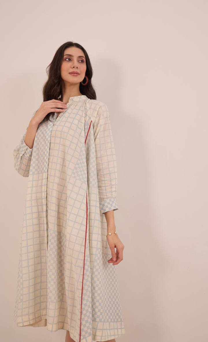 SHEEN: COTTON BLUE CHECK MIDI DRESS