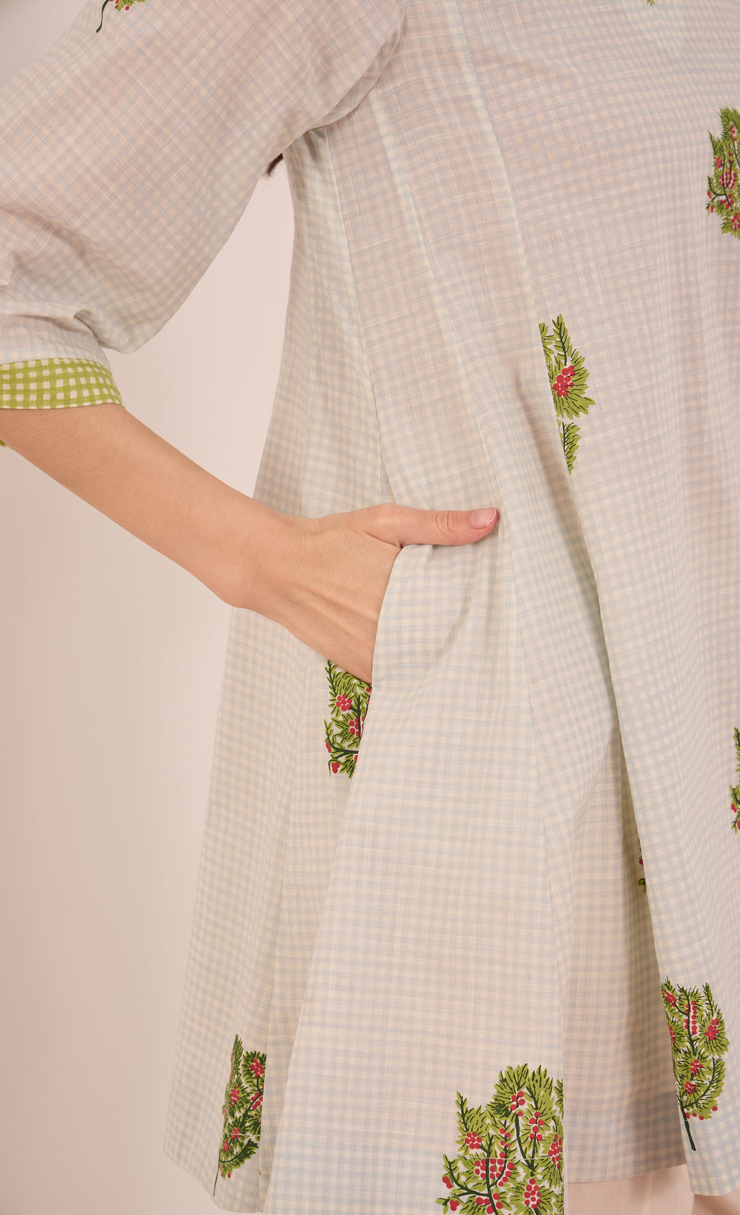 COTTON BLUE CHECK APPLE TREE V - NECK COORD SET PANTS - POWDER BLUE