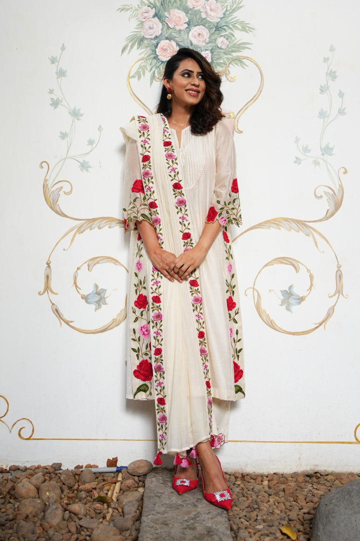 ROSE SHINE: IVORY PINK & RED ROSE EMBROIDERED KALI KURTA SET