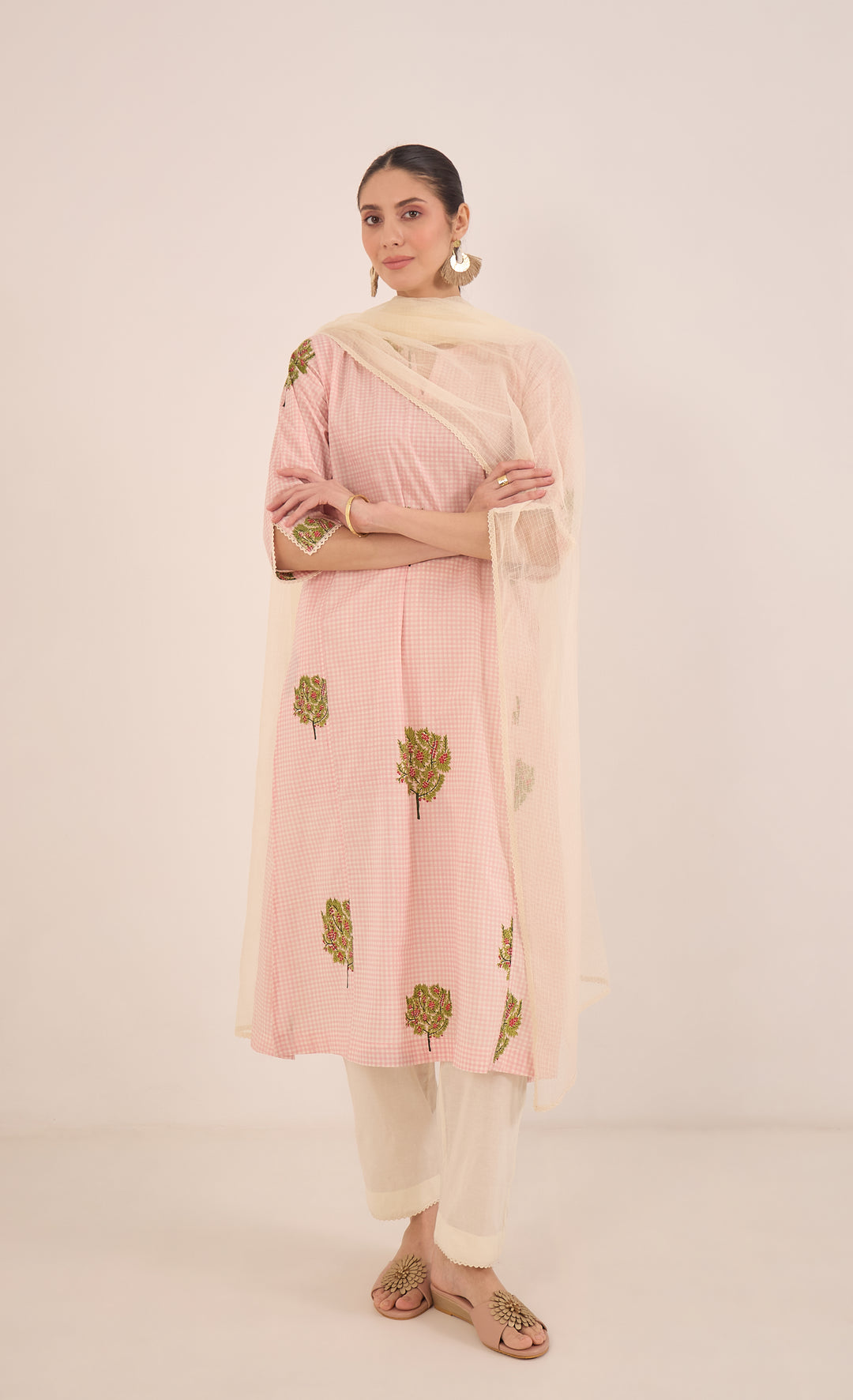 COTTON CHECK APPLE TREE KURTA SET - PINK