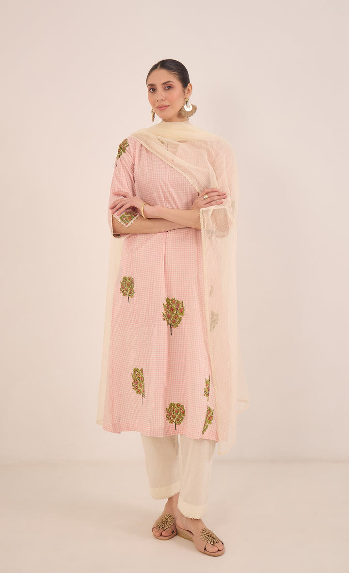 COTTON CHECK APPLE TREE KURTA SET - PINK
