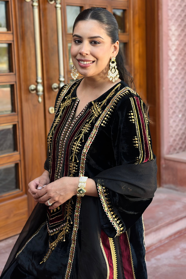 BLACK VELVET SHORT KURTA WITH FARSHI SALWAR SET