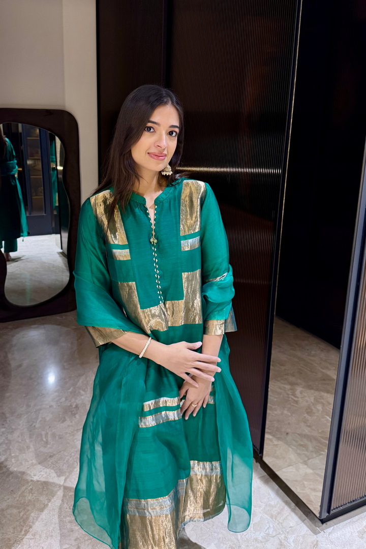 Mira: Silk stripe tissue straight kurta set - Emerald Green