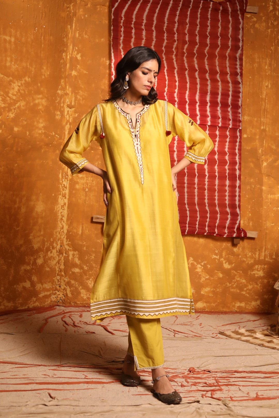 Mustard Triangle Applique Work Kurta