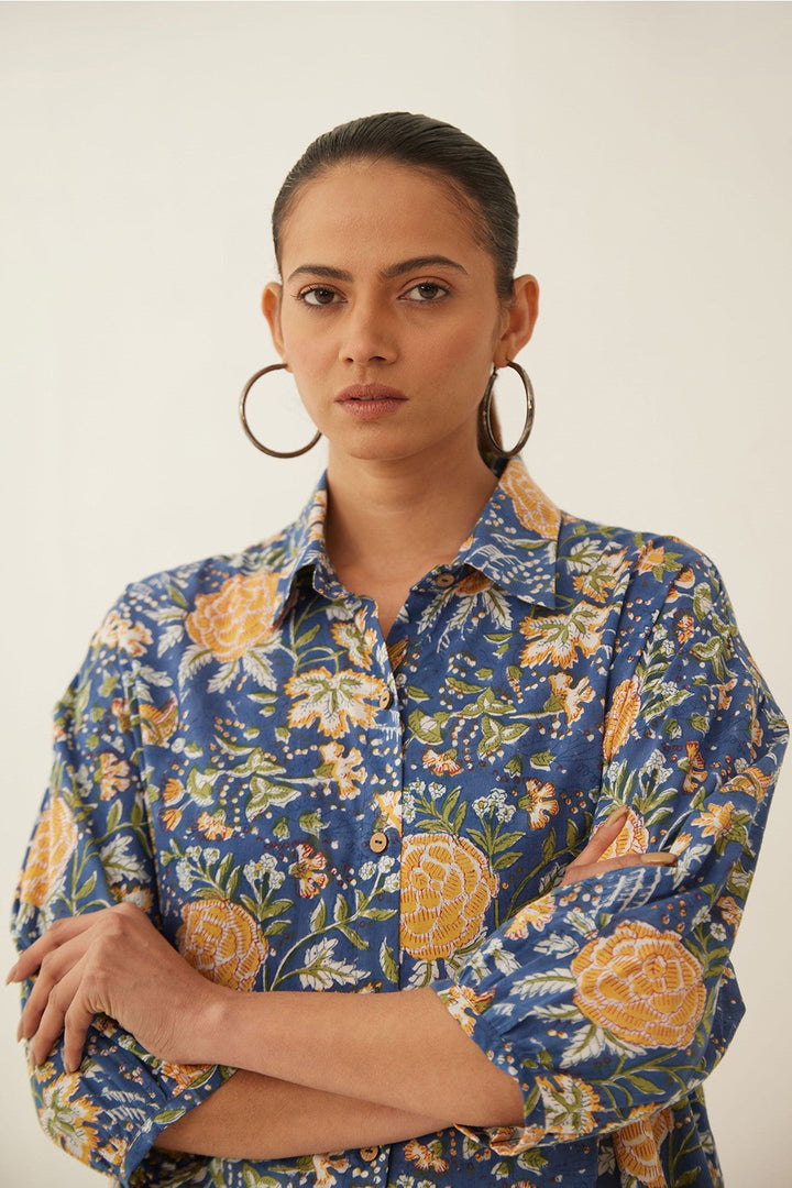 BLUE FLORAL CHINTZ COTTON SHIRT