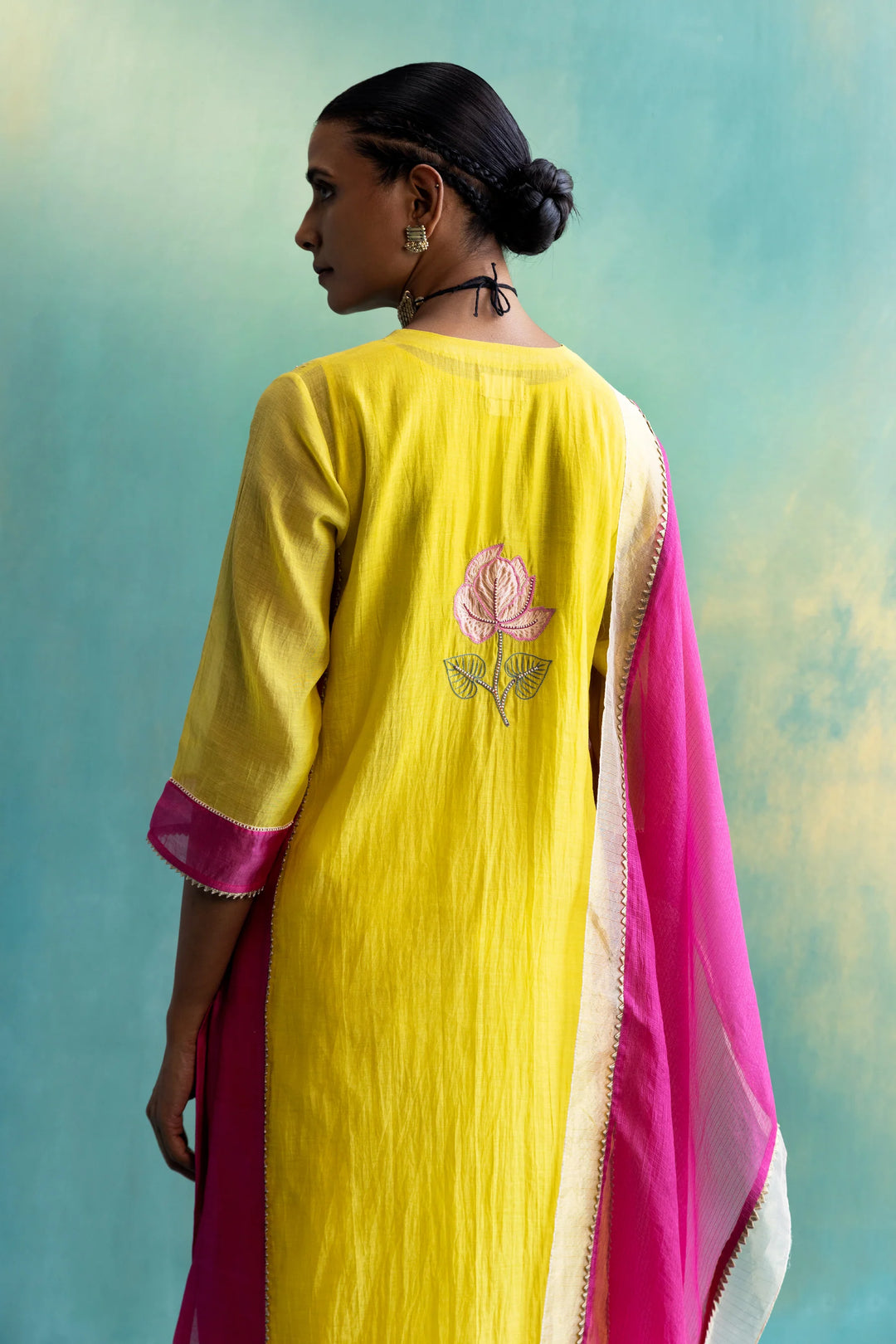 Dil-kash Yellow and Pink colour block Chanderi v-neck Floral embroidery Kurta set