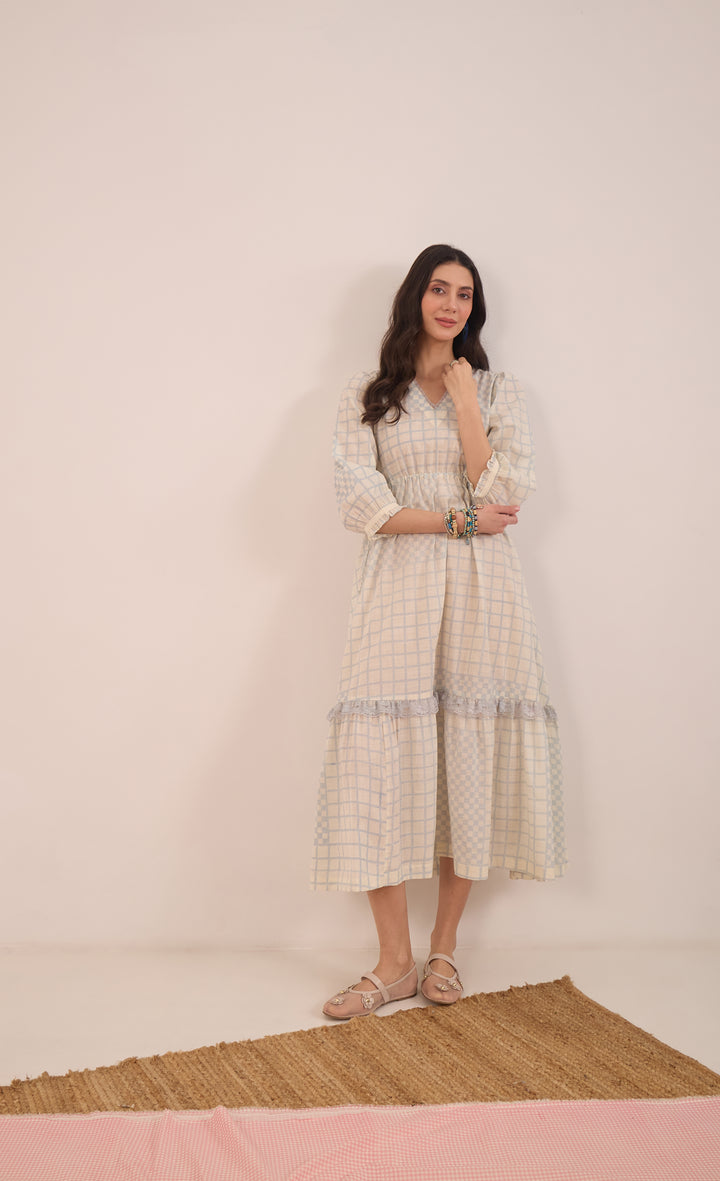 SHEEN: COTTON CHECK MIDI DRESS V-NECK