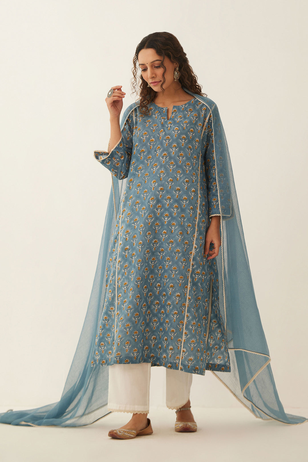 COBALT BLUE COTTON FLORAL KURTA WITH COTTON PANTS AND DUPATTA