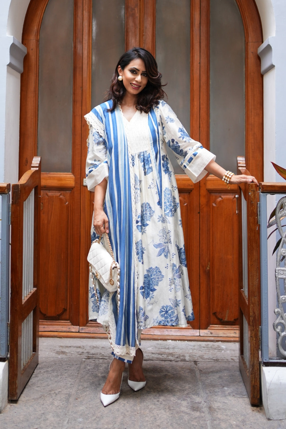 FLORAL FANTASY : BLUE FLORAL & STRIPE ANARKALI SET