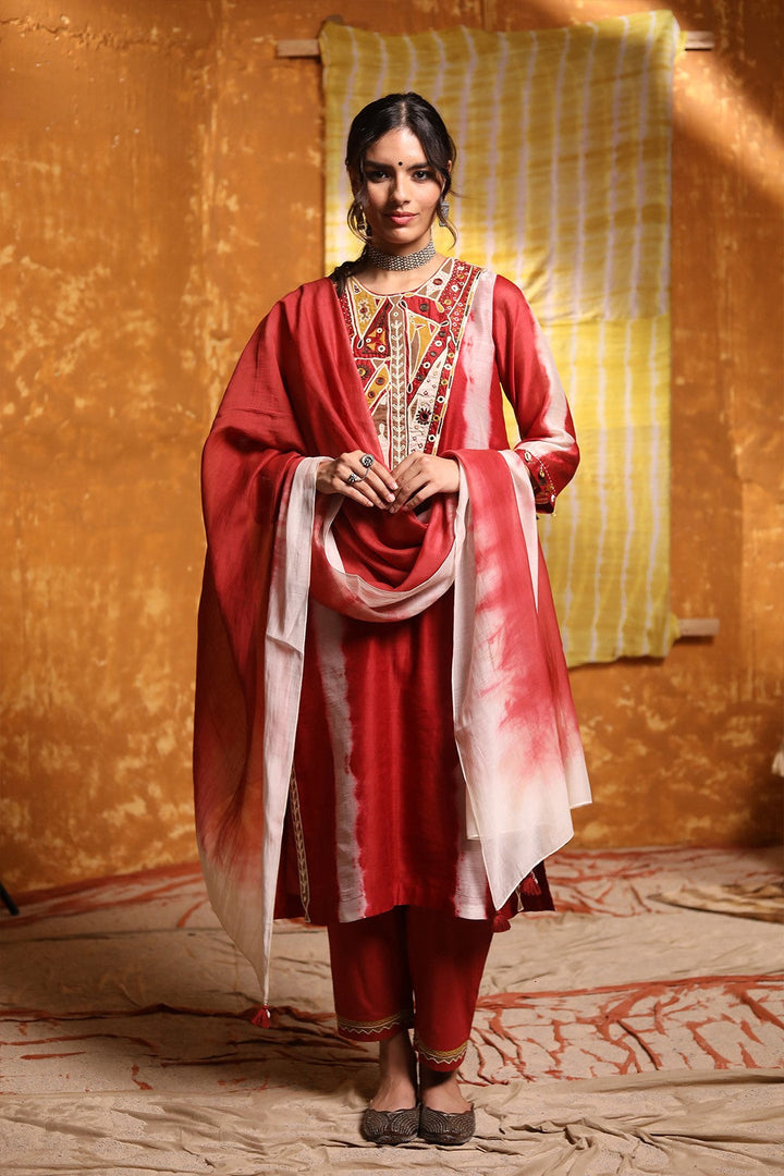 Maroon V-Neck Abstract Work Kurta Set