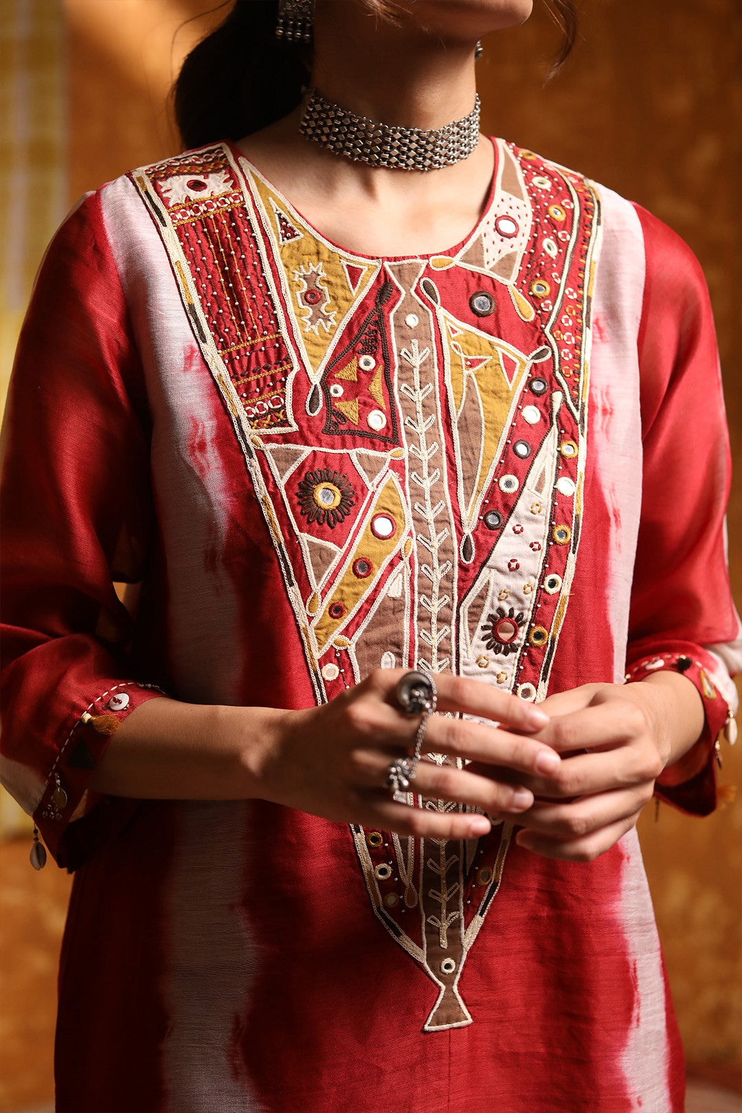 Maroon V-Neck Abstract Work Kurta Set