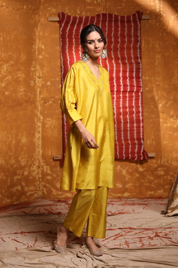 Mustard Silk Wide Leg Pants