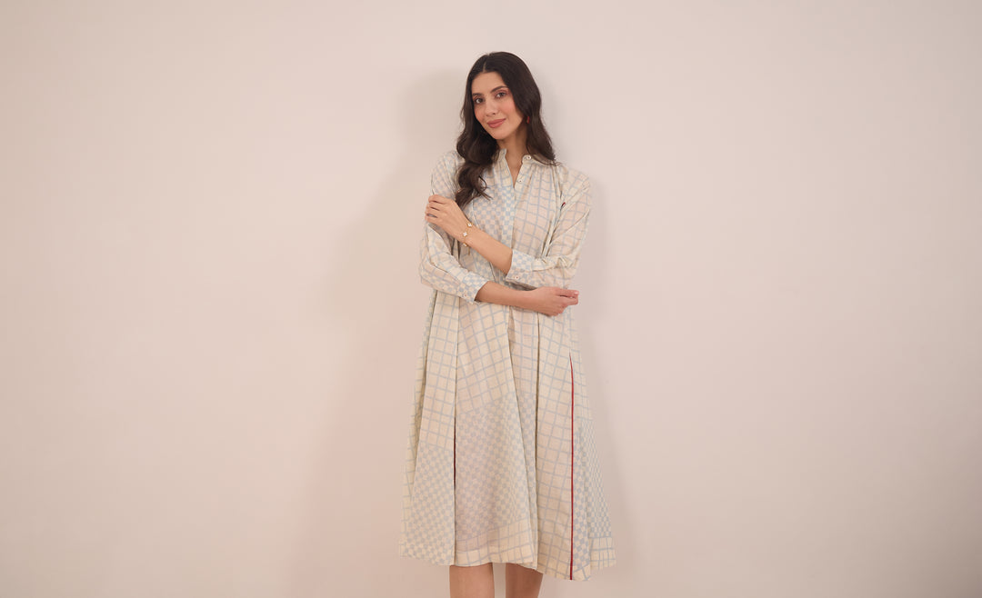 SHEEN: COTTON BLUE CHECK MIDI DRESS