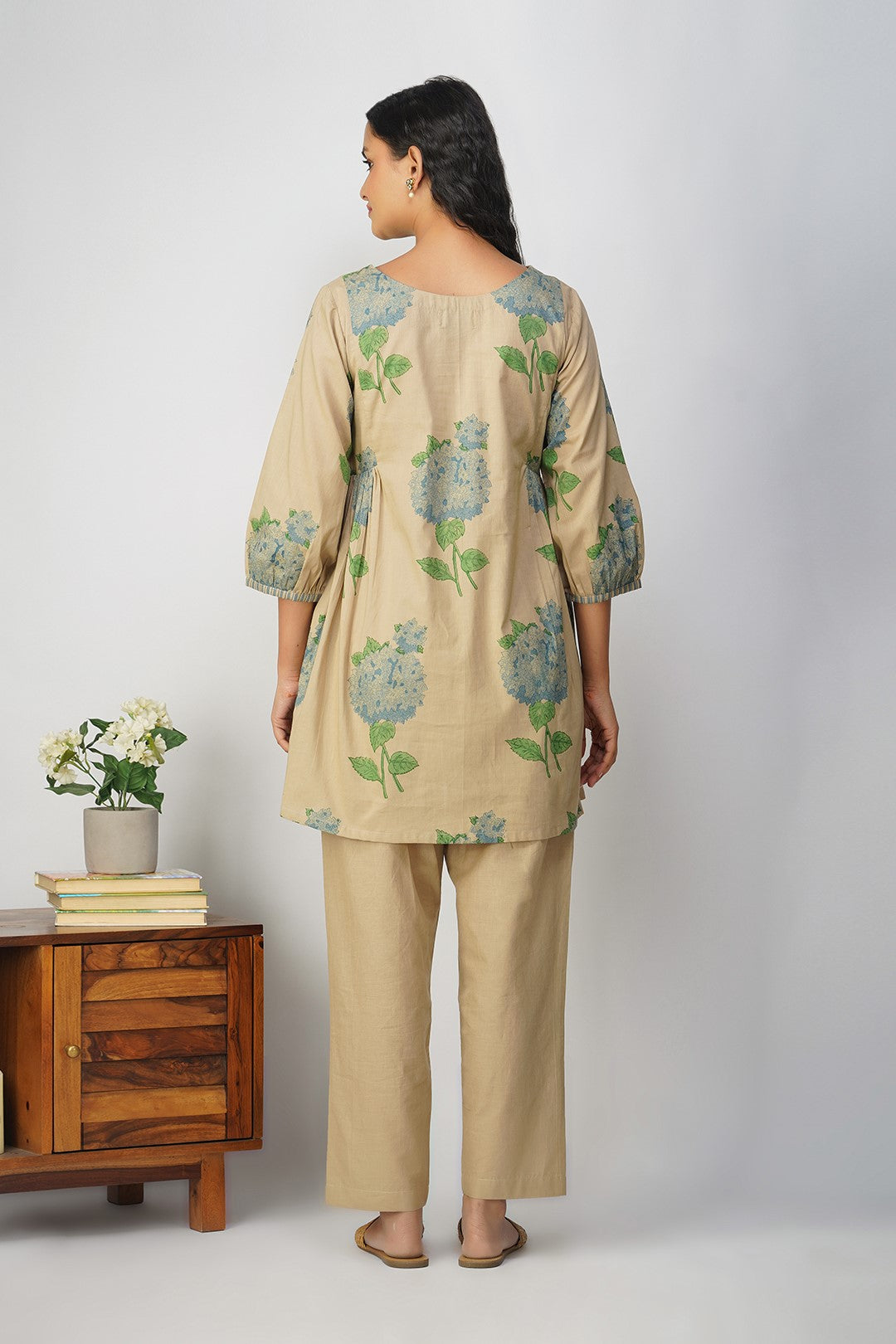 Blue Hydrangea Side Gather Block Printed Tunic with Plain Pants