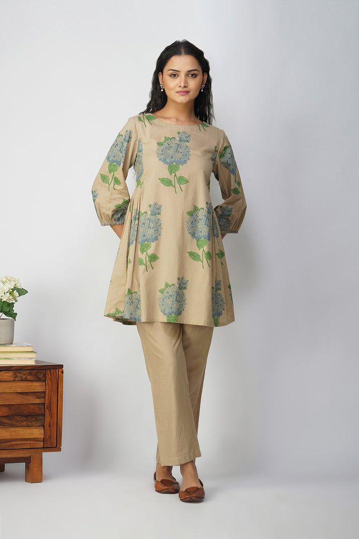 Blue Hydrangea Side Gather Block Printed Tunic with Plain Pants