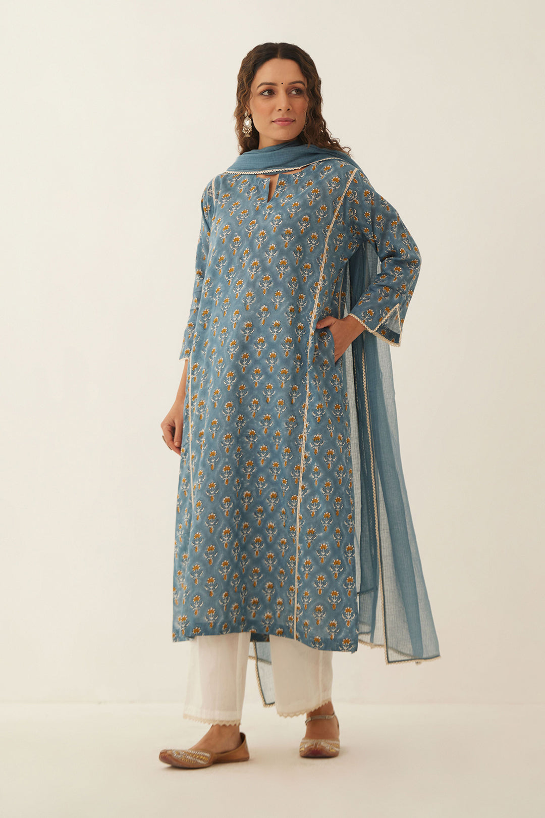 COBALT BLUE COTTON FLORAL KURTA WITH COTTON PANTS AND DUPATTA