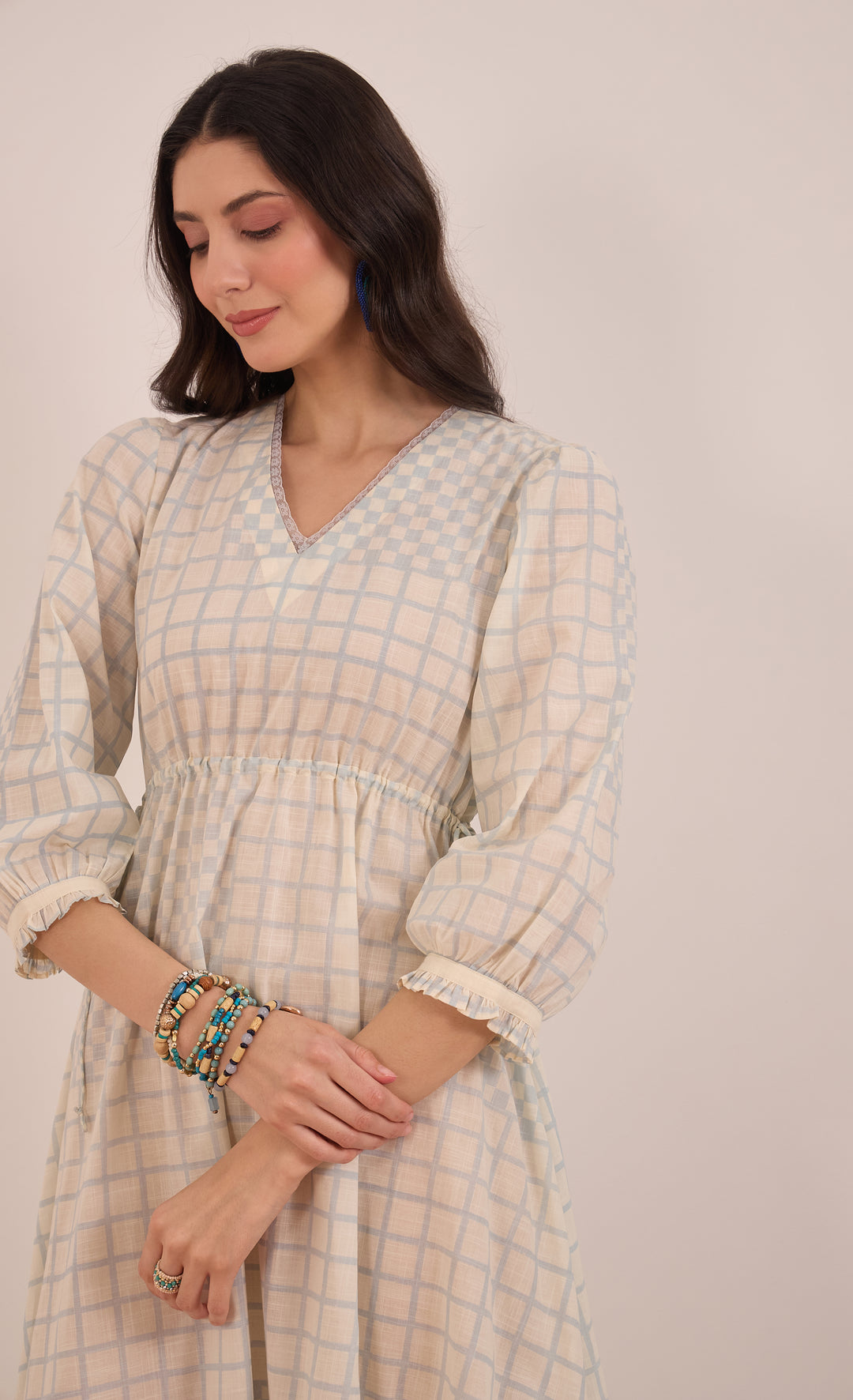 SHEEN: COTTON CHECK MIDI DRESS V-NECK