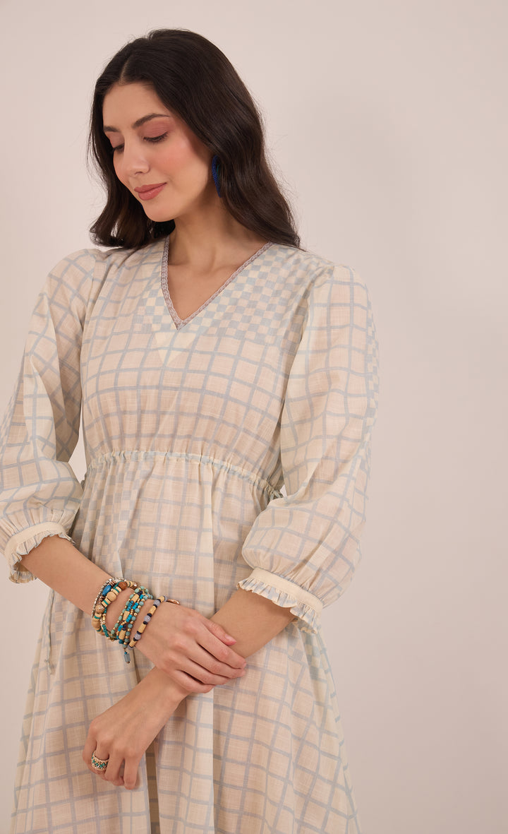 SHEEN: COTTON CHECK MIDI DRESS V-NECK