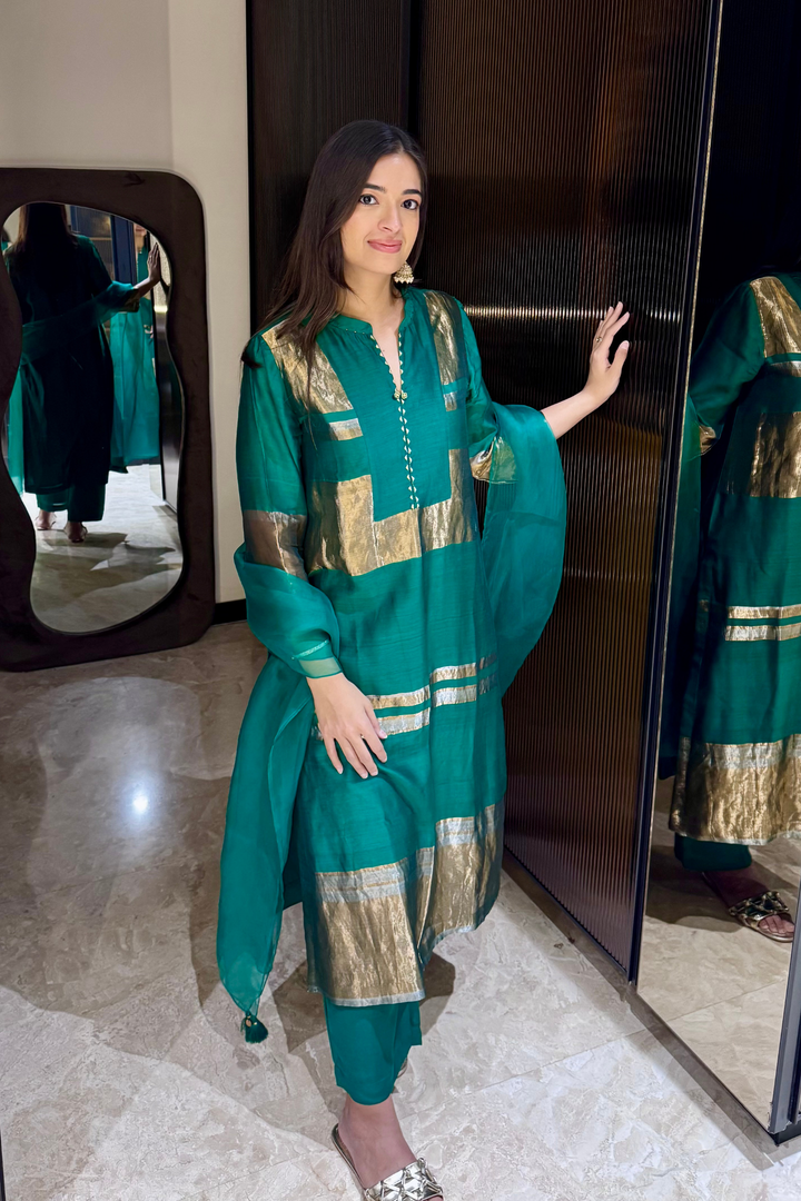 Mira: Silk stripe tissue straight kurta set - Emerald Green