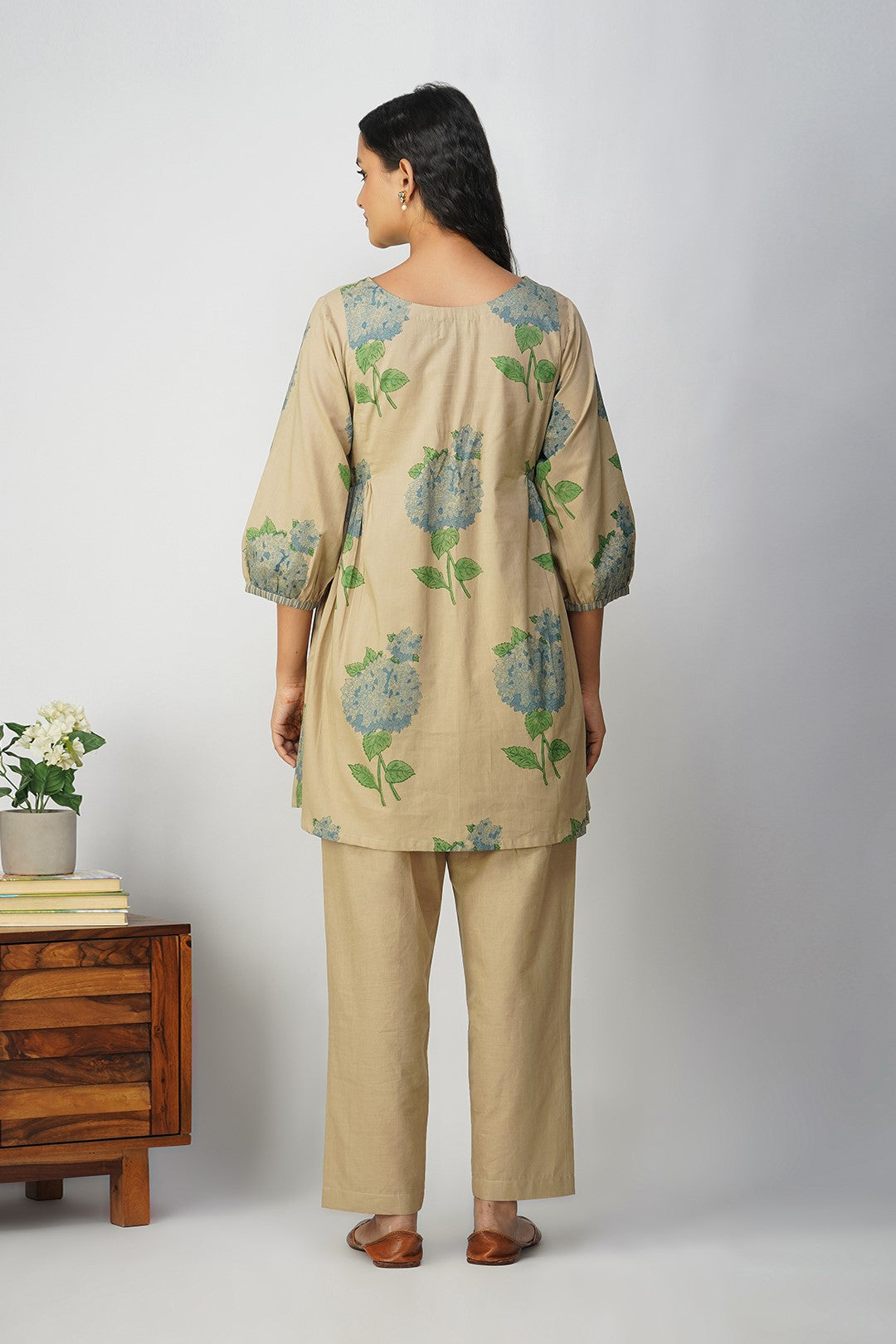 Blue Hydrangea Side Gather Block Printed Tunic with Plain Pants