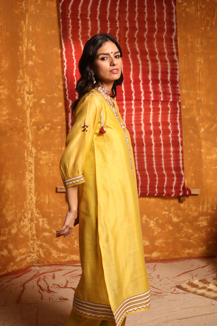 Mustard Triangle Applique Work Kurta