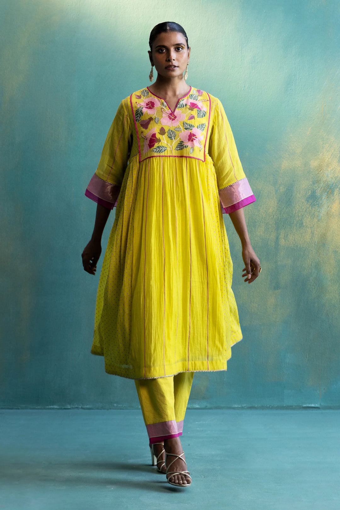 Dil-kash Yellow Chanderi Front and Back Floral embroidery with side pleats and polkas Kurta set