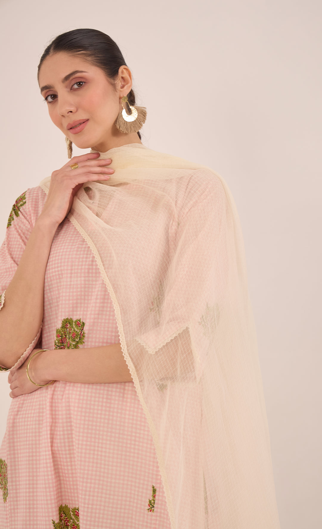 COTTON CHECK APPLE TREE KURTA SET - PINK
