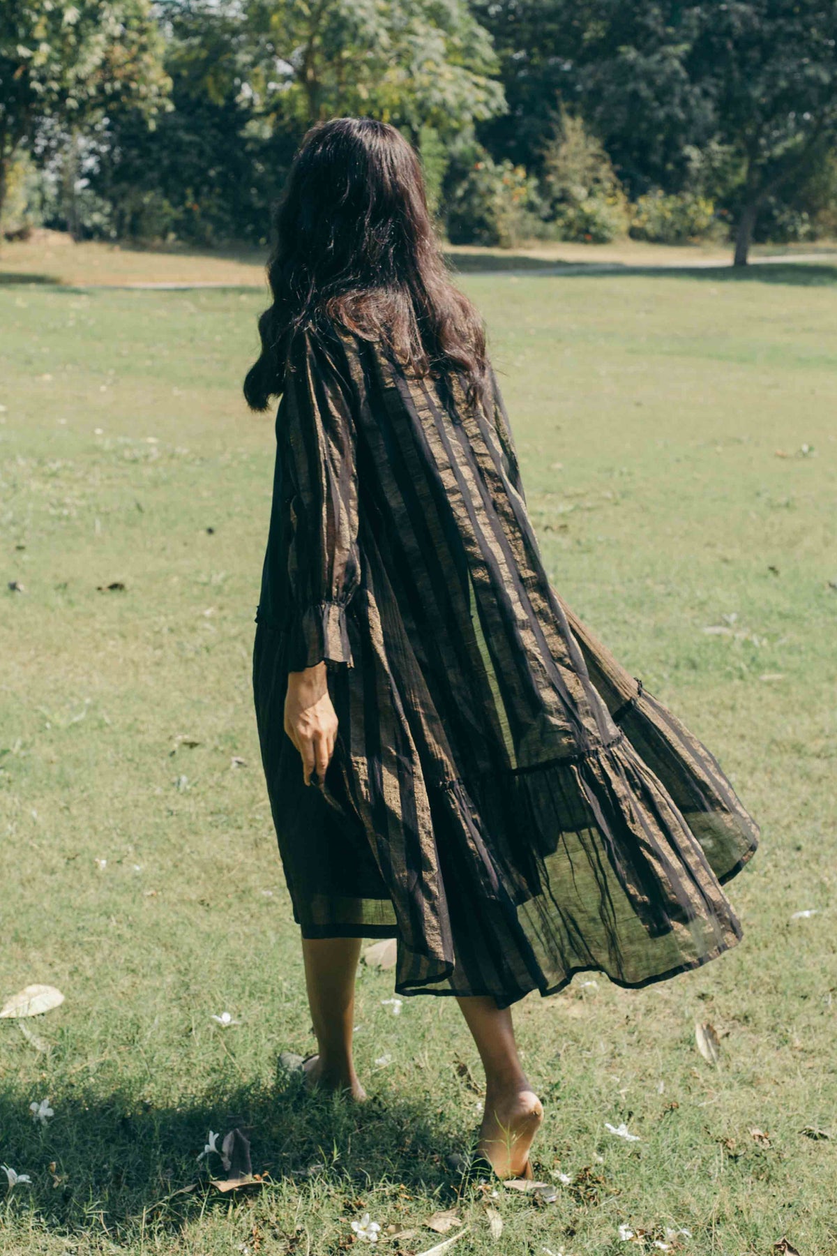 Zari stripe Chanderi High Low Gather Frill Dress with a color black zari cotton silk inner