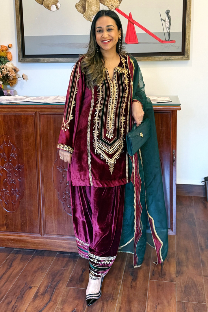MAROON  VELVET SHORT KURTA WITH FARSHI SALWAR SET