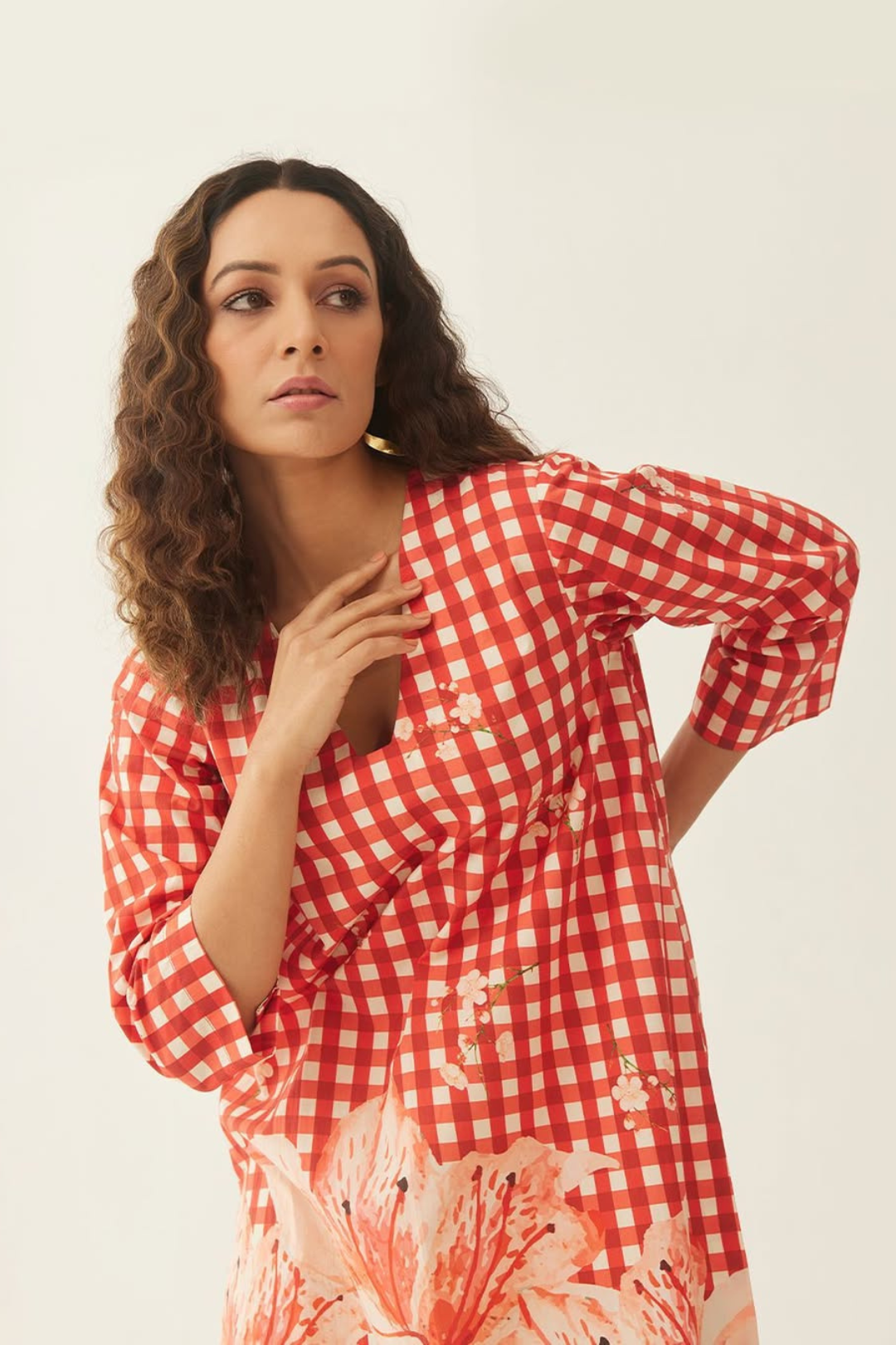 Red Cotton Gingham checks and floral mix co-ord set