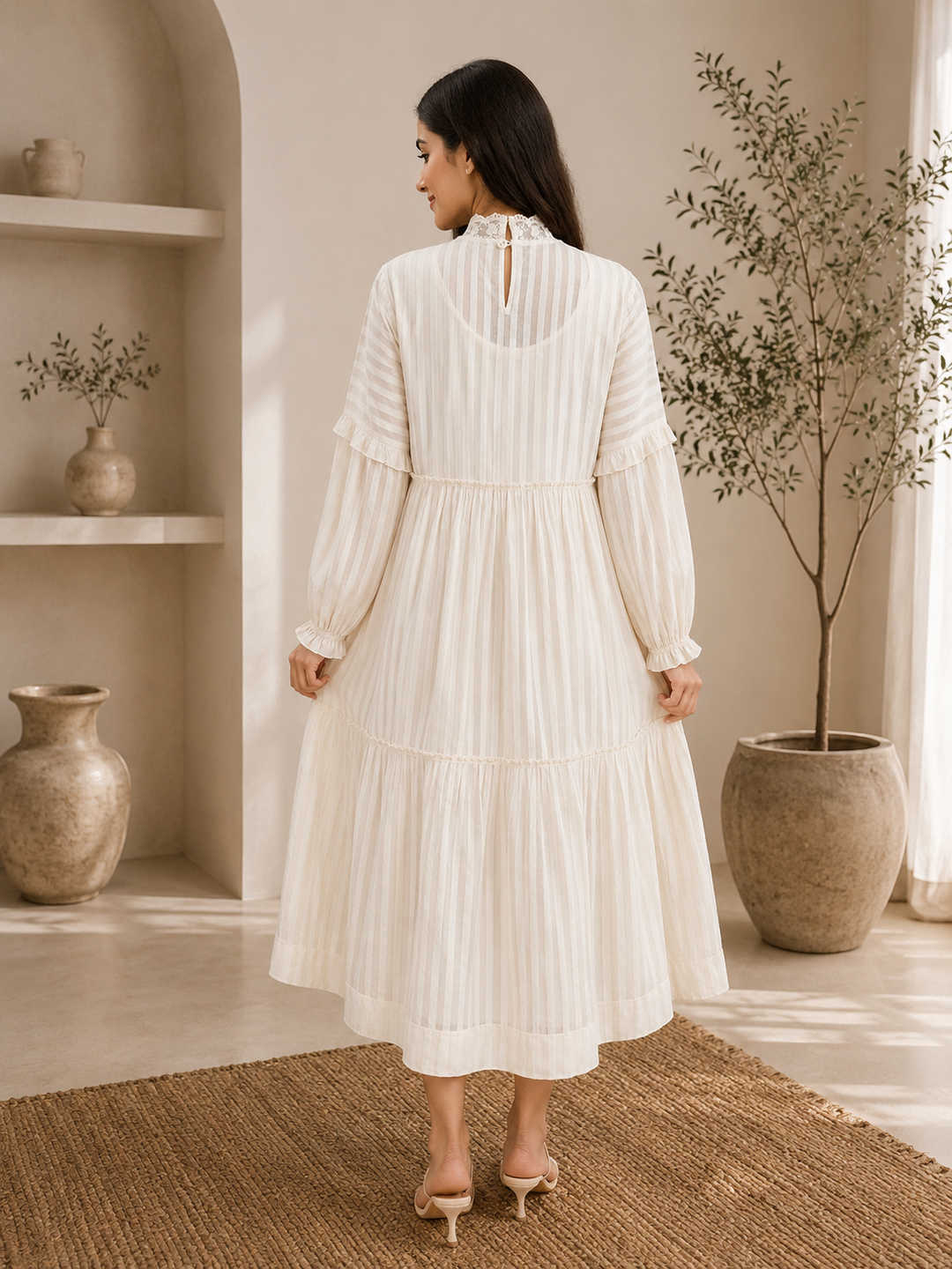 off White sheer striped Cotton Dress