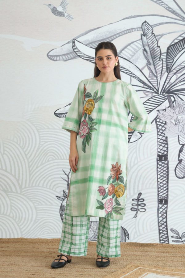 GREEN CHECK FLOWER PLACEMENT KURTA WITH GREEN CHECK PANTS