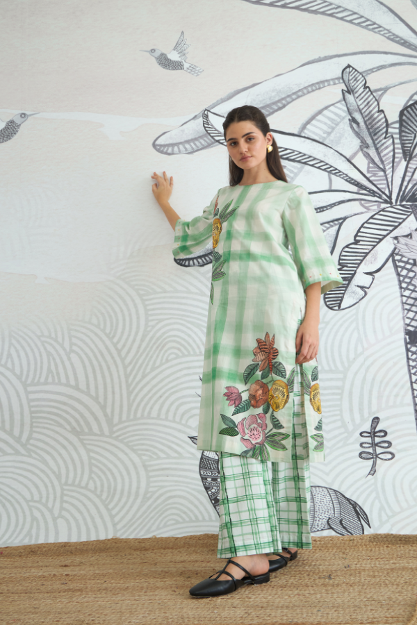 GREEN CHECK FLOWER PLACEMENT KURTA WITH GREEN CHECK PANTS